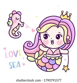 Cute mermaid vector girl cartoon marine ocean happy sea horse: Series Kawaii animals character design sweet fairytale Girly doodles pastel color. Perfect for greeting card, Print t-shirt. Romantic.