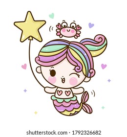 Cute mermaid vector girl cartoon marine ocean happy crab and balloon: Series Kawaii animals character design sweet fairytale Girly doodles pastel color. Perfect for greeting card, Print t-shirt. 