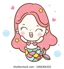 Cute Mermaid vector, Happy girl cartoon Kawaii character fairytale pastel color -Perfect for kid's greeting card design and Print for t-shirt. Romantic hand drawing or decoration kid’s room