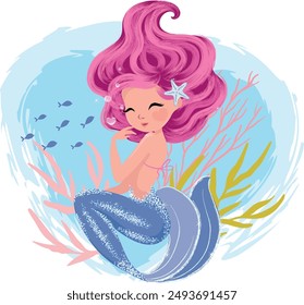 Ilustración vectorial de sirena linda, obras de arte para los niños