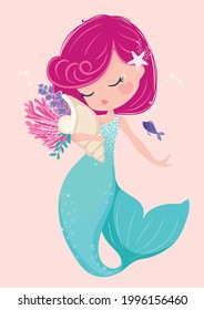 Cute mermaid vector illustration, children artworks.