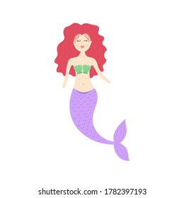 Cute mermaid vector illustration. Red hair mermaid girl, princess with purple tail and green shell bra. Isolated.