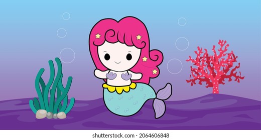 Cute mermaid Vector illustration under sea