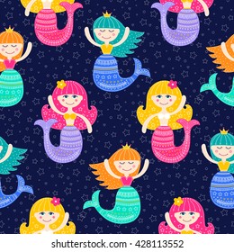 Cute mermaid. Vector seamless pattern with flat mermaid girls. Colorful sea background for kids. Bright colors - pink, yellow, blue, green. Water nymph with doodle ornament on navy background.