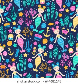 Cute mermaid. Vector seamless pattern with cartoon sea girls, sea plants, stars, jellyfish, anchors, seashells. Illustration in flat style.