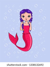 Cute mermaid with water bubbles. Book illustration, fashion artworks, t shirt graphics. Vector illustration in cartoon style