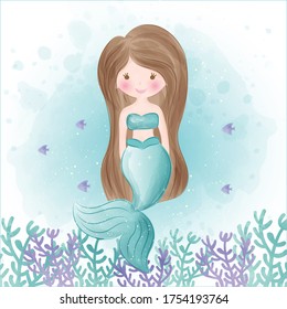 Cute mermaid in water color style . 