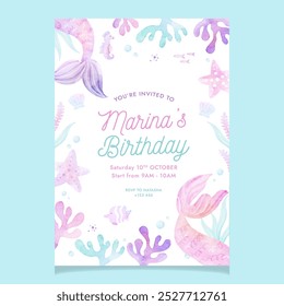 Cute Mermaid Watercolor Flyer and Poster Template