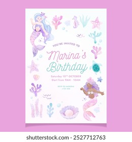 Cute Mermaid Watercolor Flyer and Poster Template