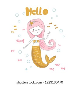 Cute mermaid waving a greeting. Vector illustration for design t-shirt, textile, placards, posters, wall art, denim, mugs, covers, patterns, phone cases, cards, postcards