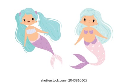 Cute Mermaid with Waving Hair Floating Underwater Vector Set