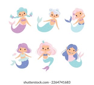 Cute Mermaid with Waving Hair Floating Underwater Vector Set