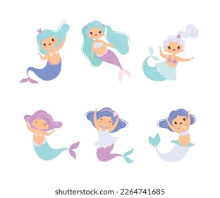 Cute Mermaid with Waving Hair Floating Underwater Vector Set