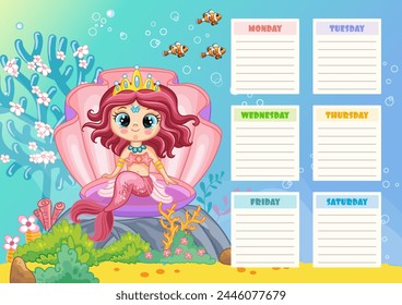 Cute mermaid weekly planner. Funny school schedule, little underwater princess in a colorful underwater world, learning notebook, girls stationery template vector cartoon flat concept. Ready to print