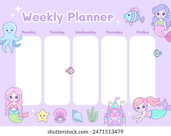 Cute mermaid weekly planner school timetable with shell, octopus, fish, and underwater castle kawaii icon background illustration