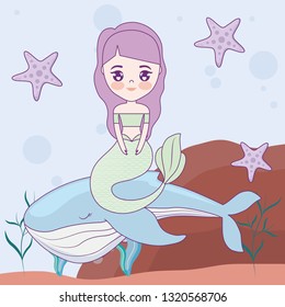 cute mermaid with whale in the sea