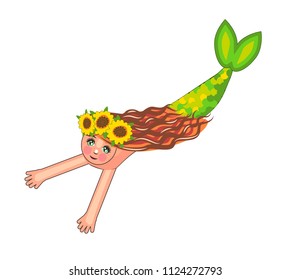 cute mermaid with a wreath of sunflowers floating. Can be used for baby t-shirt print, fashion print design, kids wear, baby shower celebration greeting CARD
