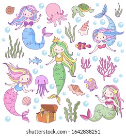 Cute mermaids. Adorable fairytale underwater princesses mythological sea creatures. Fishes, turtle and treasure, octopus vector game mythology female characters