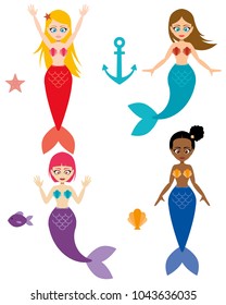 Cute mermaids with anchor, starfish, fish, and scallop. 