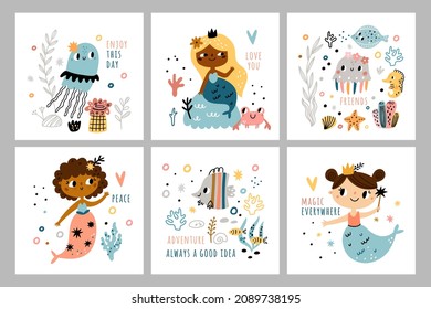 Cute mermaids cards. Little funny marine girls, underwater life postcard, ocean magic creations party, sea or ocean fishes and animals childish prints, vector isolated