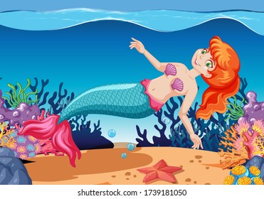 Cute mermaids cartoon character cartoon style on under sea background illustration