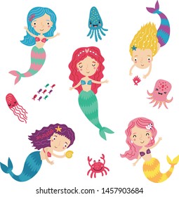Cute mermaids, character vector set