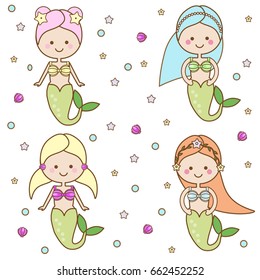 Cute Mermaids characters in Cartoon Style. Fairy undine princesses. Stickers, kids vector illustration