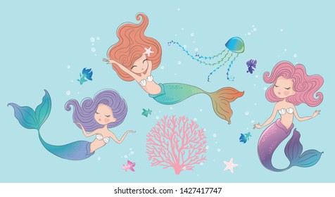 Cute Mermaids Clipart Vector Illustration