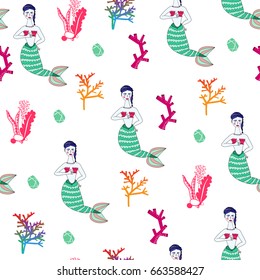 Cute mermaids and corals. Colored vector seamless pattern