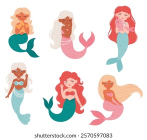 Cute mermaids in different poses in cartoon style. Starfish, corals, algae. Flat vector illustration.