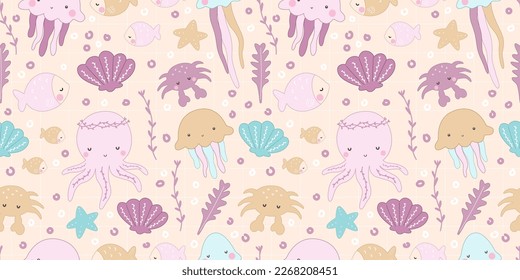 Cute Mermaids and Friends Seamless Pattern