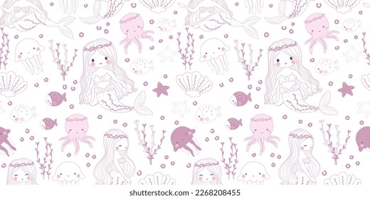 Cute Mermaids and Friends Seamless Pattern