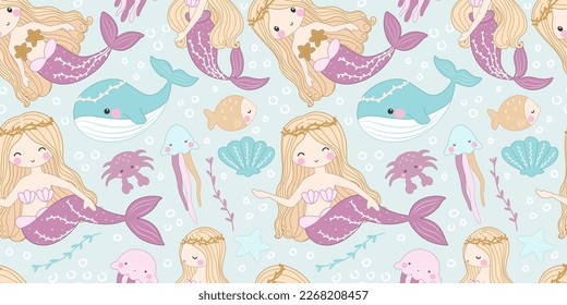 Cute Mermaids and Friends Seamless Pattern