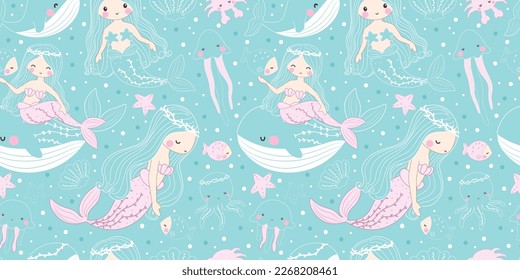 Cute Mermaids and Friends Seamless Pattern