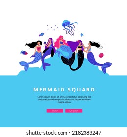 Cute mermaids friends vector illustration fashion artworks. A magical underwater creature with elements of sea inhabitants. Starfish, hedgehog fish, shell, corals. Landing, banner, home page template