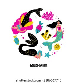 Cute mermaids friends vector illustration fashion artworks. A magical underwater creature in a circle composition. Undersea world concept