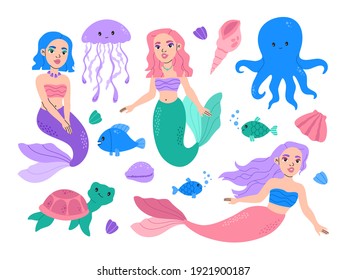 Cute mermaids and fun ocean animals collection. Kawaii princess girl. Marine creatures octopus, jelly fish, shell and turtle underwater inhabitants set. Modern, trendy flat cartoon vector illustration