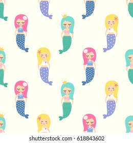 Cute mermaids girls with colorful hairs seamless pattern on white background. Vector sea background for kids. Child drawing style cartoon underwater illustration. Design for fabric, textile, decor.