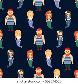 Cute mermaids girls with sailor seamless pattern on dark blue background. Vector sea background for kids. Child drawing style cartoon underwater illustration. Design for fabric, textile, decor