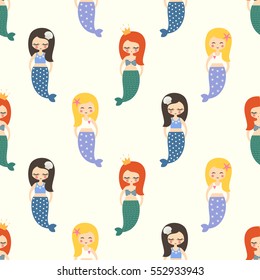Cute mermaids girls seamless pattern on white background. Vector sea background for kids. Child drawing style cartoon underwater illustration. Design for fabric, textile, decor.