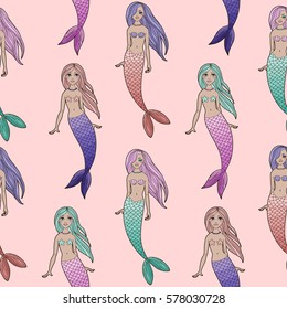 Cute mermaids girls seamless pattern on pink background. Vector sea background. Cartoon underwater vector illustration. Design for fabric, textile, decor.