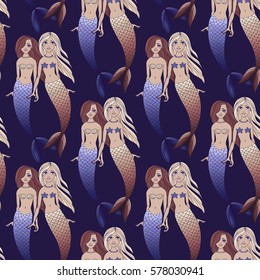Cute mermaids girls seamless pattern on dark violet background. Vector sea background. Cartoon underwater vector illustration. Design for fabric, textile, decor.