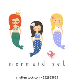 Cute mermaids girls set on white background. Child drawing style cartoon underwater illustration. Design for fabric, decor, card.