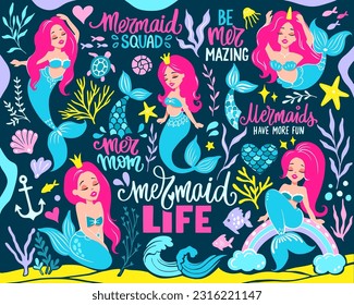 Cute Mermaids Illustrations Vector Collection. Sea Plants, Fishes, Lettering Quotes. Adorable Cartoon Characters. Colorful Kids Clipart