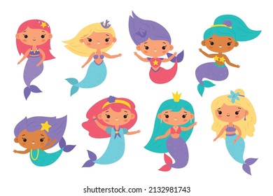 Cute mermaids. Little funny underwater princesses, pretty colorful girls, fish scales and tails, beautiful fairy children, adorable pretty marine creatures, vector cartoon flat set