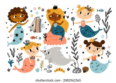 Cute mermaids. Little girls with fish tails, funny fabulous creatures, sweet nautical princesses and ocean fishes and seaweed, doodle characters, childish vector cartoon