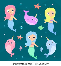 Cute mermaids, narwhals, starfish vector illustration. Magical creatures