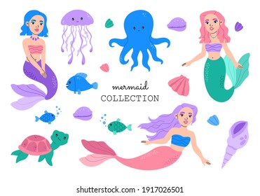 Cute mermaids and ocean animals collection. Kawaii princess girl. Marine creatures, white background, octopus, jelly fish, shell and turtle underwater inhabitants set. Flat cartoon vector illustration