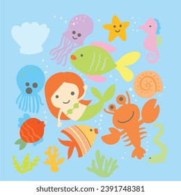 Cute mermaids and ocean animals collection. kawaii princess girl. marine creatures