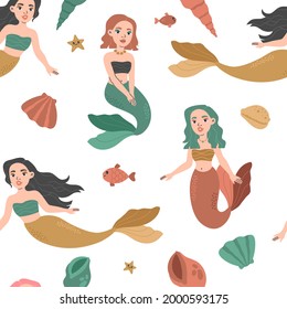 Cute mermaids and ocean shells seamless pattern in boho style. Underwater girl princess, undersea animals, bohemian trendy vector flat cartoon print on white background, repeat design for wallpapers